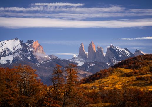 The Paine Towers in an autumn landscape, Patagonia