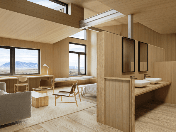 Luxury room interior at Explora El Calafate lodge – minimalist design with panoramic Patagonia views