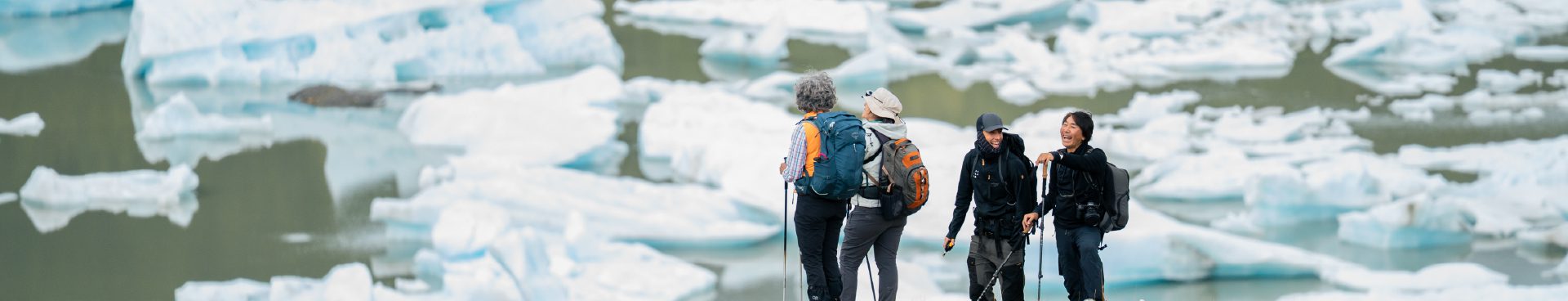 A group of hikers stands on a rocky ridge overlooking a lake filled with floating ice chunks.
