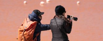 Two people observing and photographing flamingos by a red-hued lagoon.