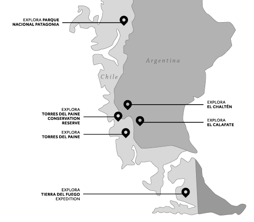 Map showing key travel destinations in Chilean Patagonia including Torres del Paine, Tierra del Fuego, and Carretera Austral