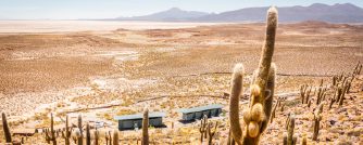 A desert hillside dotted with tall cacti overlooking small lodges and vast plains below.