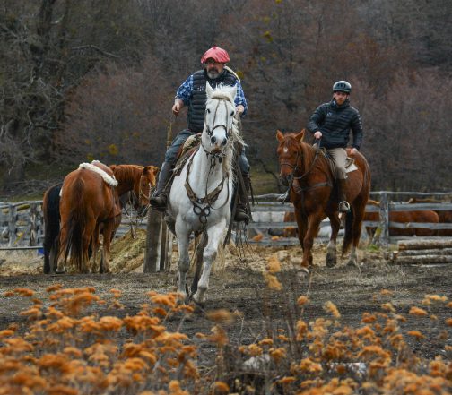 aucho guide and traveler horseback riding through a rustic corral surrounded by autumn foliage in Patagonia, Chile