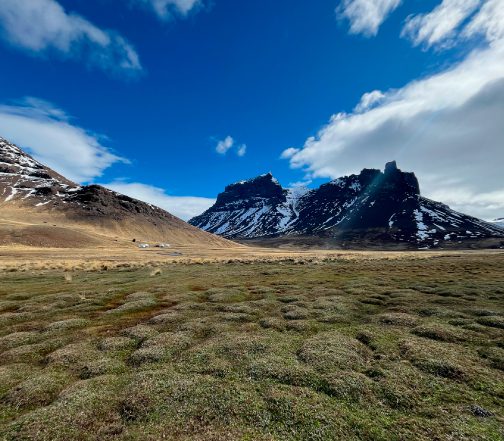 Wide open Patagonian steppe with rugged snow-dusted volcanic peaks and green tundra grasslands under a bright blue sky, Sierra Baguales, Chile